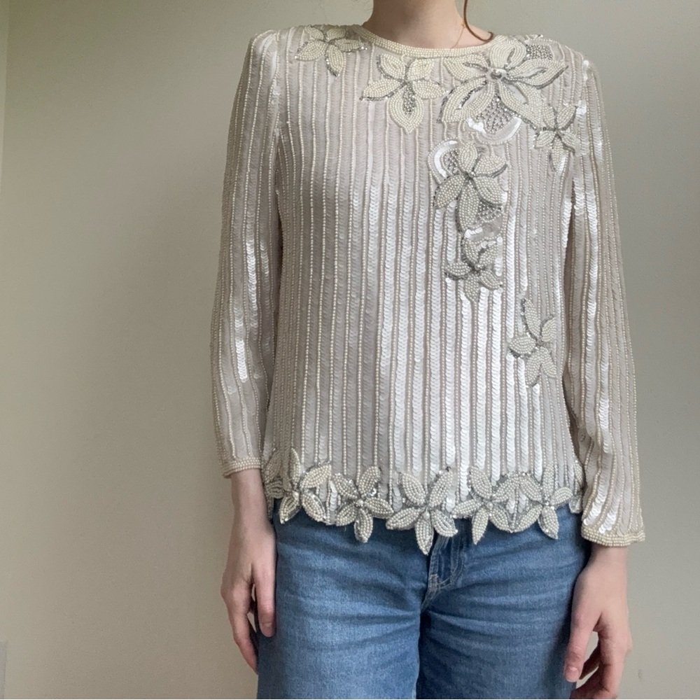 Vintage Ivory Silk and Sequin Long Sleeve Top